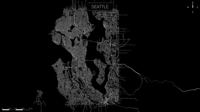 Minimalist digital map of Seattle featuring glowing infrastructure grid lines that pulse with flowing lights across a dark background, representing traffic