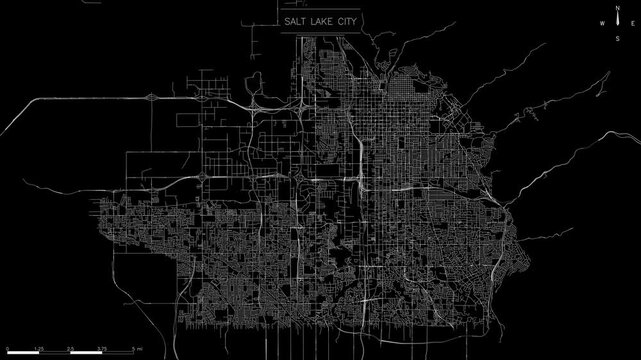 Minimalist digital map of Salt Lake City, dense urban grid, complex road network with flowing lights representing traffic