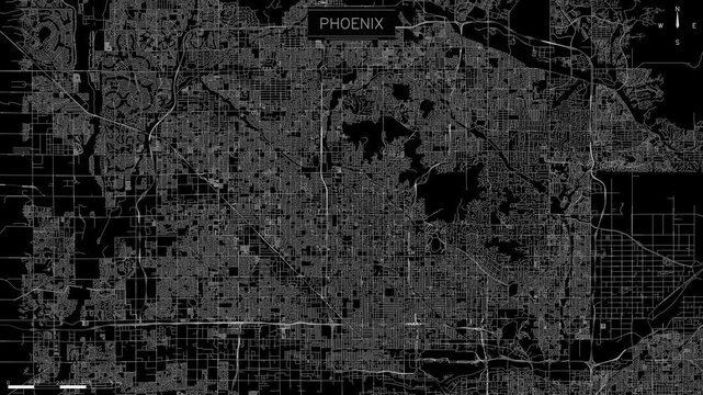 minimalist black and white map of Phoenix featuring looping animated light trails simulating urban traffic flow