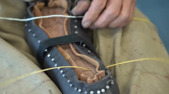 Shoemaker hand stitching the welt of a leather boot with yellow waxed thread and two needles using a leather thimble