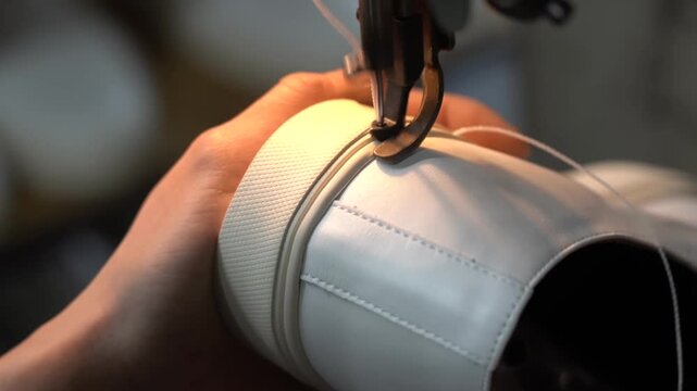 Industrial sewing machine stitching a decorative seam along a pale grey leather shoe upper guided by skilled hands
