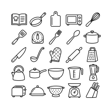 Cooking Utensil Lines &mdash; line icon set, exactly 25 outline icons in a 5x5 layout: recipe book, frying pan, chopping board, microwave, whisk, spatula, timer, fork, spoon, pot, knife, ladle, oven mitt,