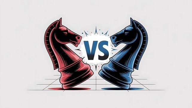 Red and blue chess knight pieces facing each other on a chessboard with a central versus sign for a competitive strategy game concept