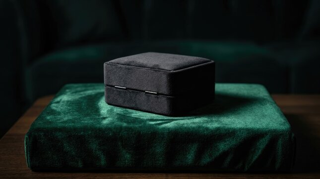 A black velvet box with a silver clasp on a green velvet cushion.