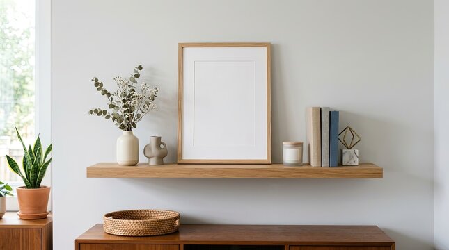 A wooden shelf with a white frame and a plant on it.