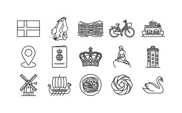 Denmark Country Travel Symbols, line icon set featuring Denmark flag outline, Scandinavia map, Copenhagen landmark silhouette, bicycle, ferry, map pin, passport, crown symbol, covering Denmark, Danish