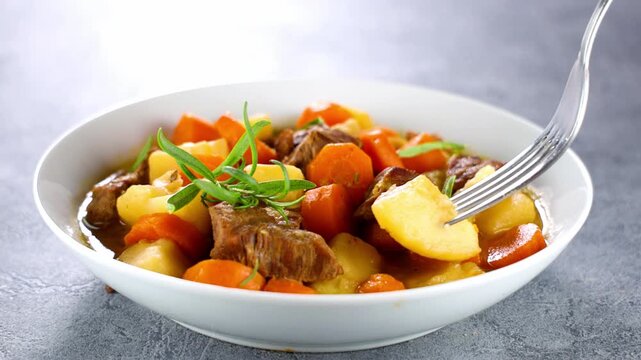 Homemade beef stew with potatoes and carrots in bowl with fork picking food