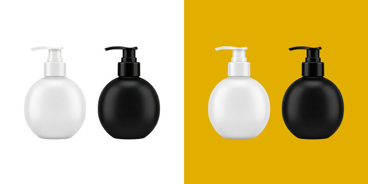 Black and white round cosmetic pump bottles 3d render transparent png