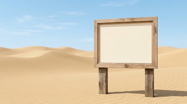 A wooden sign in a desert landscape with a blue sky.