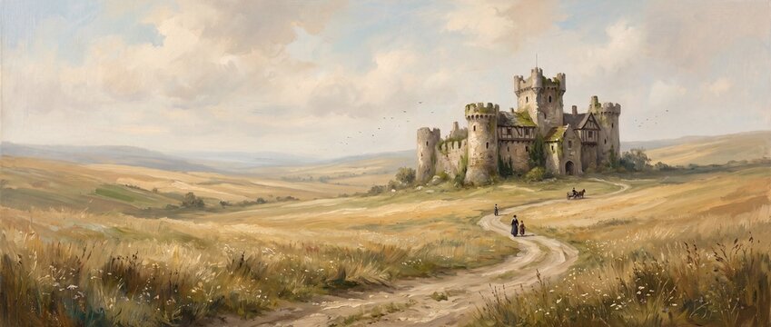 A serene oil painting depicting a medieval castle overlooking a vast, rolling countryside. Travelers journey on a winding dirt road towards the ancient fortress.