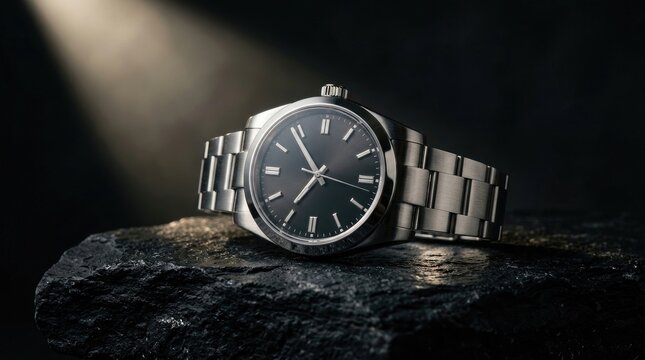 A Rolex watch with a black face and silver band on a dark background.