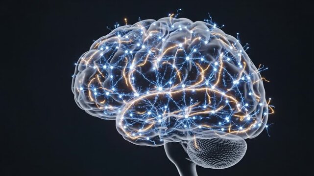 Human brain model with glowing neural nodes and electrical impulses for medical education