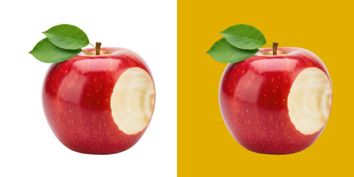 Fresh bitten red apple with green leaves transparent png