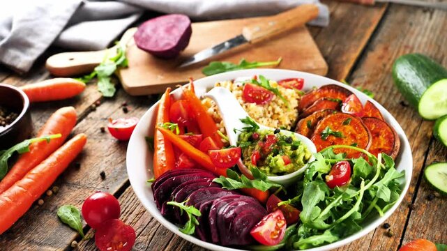 Healthy vegan buddha bowl with roasted sweet potato beetroot quinoa and fresh vegetables on wooden background