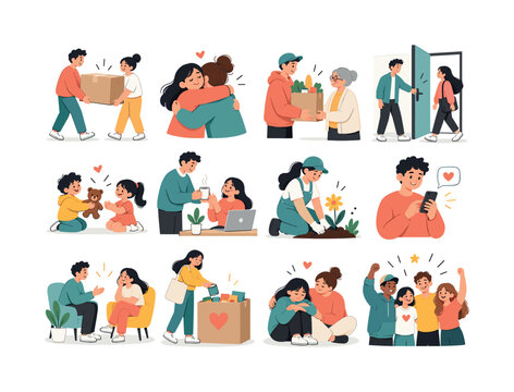 World Kindness Day Series. World Kindness Day, helping hands, empathy, gratitude, community support and positive actions. 12 minimalist editorial vector scenes: A person helps someone carry a box, Two