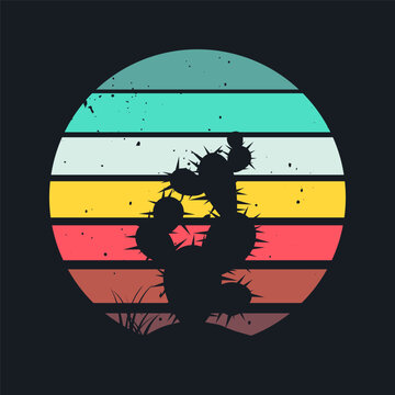Grunge vintage sunset. Colorful striped sunrise badge in 80s and 90s style. Sun and ocean view, summer vibes, surfing. Design element for print, logo or t-shirt. Vector illustration