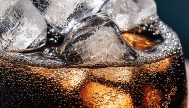 Close up of refreshing cola soda drink with ice cubes and bubbles in a glass