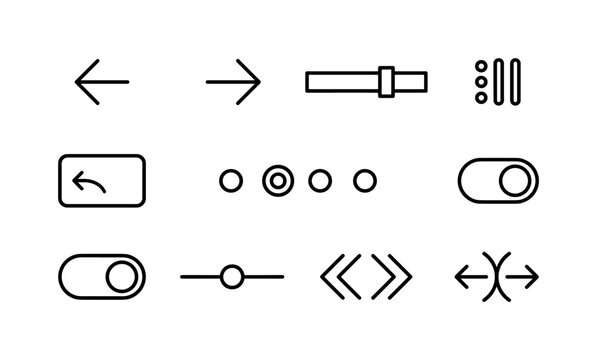 Swipe Navigation Controls, line icon set featuring left arrow, right arrow, horizontal scroll bar, drag handle, swipe card, carousel dots, switch control, page slider, navigation chevrons and gesture