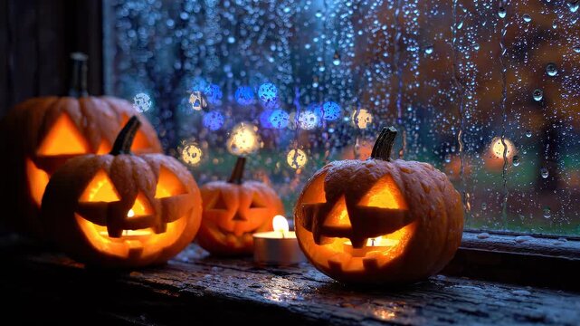 Several small glowing jack-o-lanterns placed along an old wooden window ledge during a rainy Halloween night. Cozy pumpkin window display concept