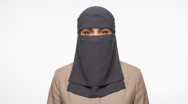 Portrait of a Muslim Woman Wearing a Dark Grey Niqab Face Veil and Beige Suit Jacket on White Background
