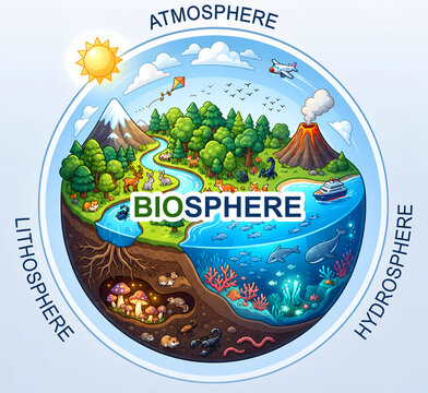 Detailed Illustration of Earth System Science: Lithosphere, Hydrosphere, Atmosphere, Biosphere.