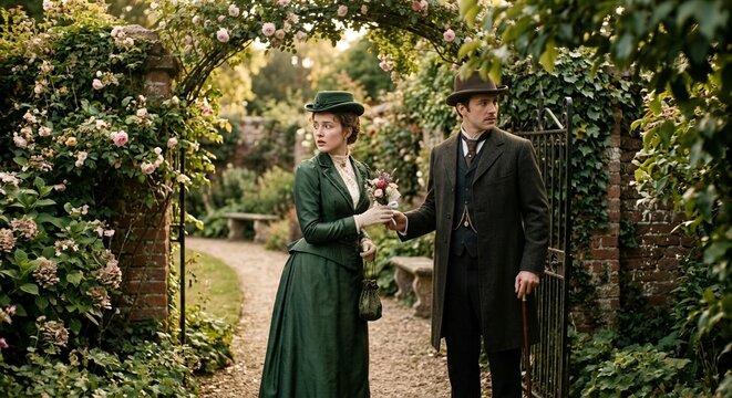 Victorian Couple Exchanging Flowers Beneath Rose Archway in Secret Garden Rendezvous