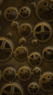 Interlocking Metal Gears Rotating Clockwork Mechanism Background Seamless Loop in vibrant brass tones vertical 9:16