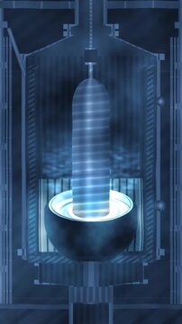 Czochralski crystal pulling with silicon boule rising from the melt, bright meniscus ring and growth striations in vibrant cleanroom tones vertical 9:16