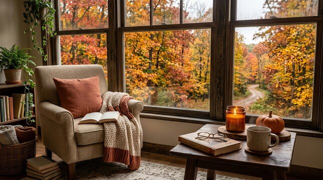 Cozy reading corner by window overlooking autumn forest with comfortable armchair blanket open book mug and candle on wooden table for relaxation.