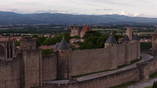 Double walled fortifications Cit&eacute; de Carcassonne in the Occitanie region of southern France