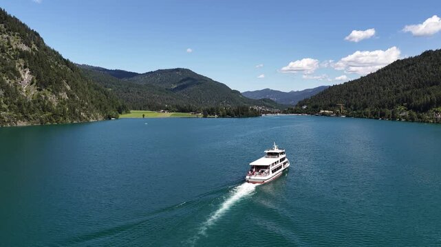 Passenger boat cruising on Lake Achensee Achensee in Tyrol, Austria ferry transport