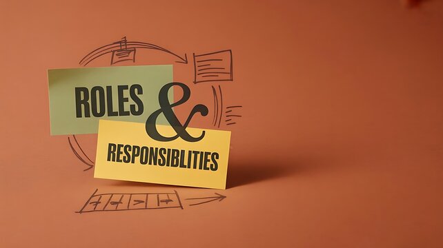 Sticky notes with the text roles and responsibilities on a brown background, with hand-drawn representing, business management and organization