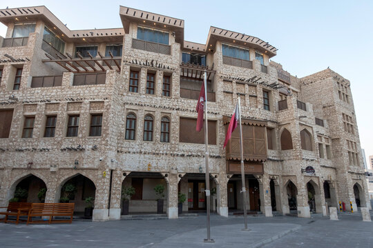 Doha, Qatar - Souq Waqif in Doha, Qatar, showcasing its traditional Qatari architecture, narrow pathways, heritage buildings, shops, and vibrant atmosphere. 