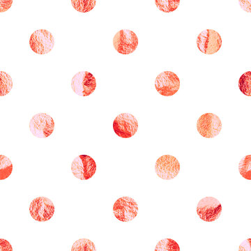 Rose gold foil seamless texture, shiny handmade circles. Golden glittering pattern. Shining hand drawn background. Wedding, greeting card decoration. Modern minimalist art. Vector illustration