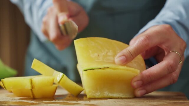 Person cutting a fresh ripe yellow starfruit, with a kitchen knife, closed up