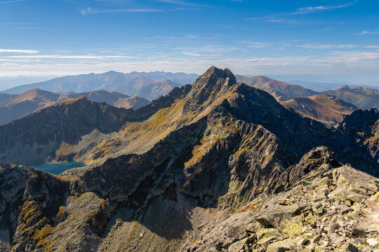 View from Kozi Wierch on Swinica, Orla Perc and Western Tatras. High Taras, Tatra National Park, Zakopane, Poland