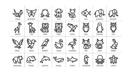 Fototapeta premium Minimalist geometric animal icon set featuring stylized line art illustrations for modern graphic design projects and branding assets