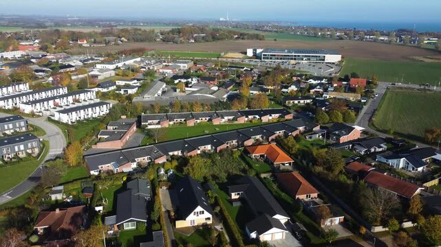 Gammel Ega residential district and surrounding countryside near Aarhus, Denmark, aerial