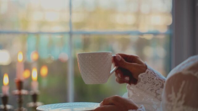 close-up hand holding cup with hot drink tea drinking beverage looking out morning window. carefree woman back view enjoy taste coffee cappuccino. blonde girl victorian style room, vintage white robe