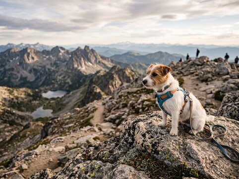 jack russell terrier dog standing stone mountain peak hiking nature adventure  
