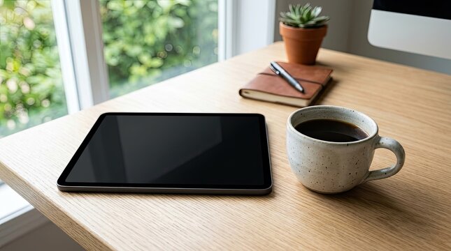 A wooden desk with a tablet, coffee cup, and plant in a pot.