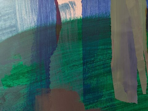 Lavender and Green Abstract Painting with Blue Torn Paper Strips