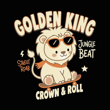 Cartoon Bear Skateboarding with Golden King Text Design.