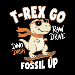 Stylish retro cartoon T Rex dinosaur riding cool skateboard graphic. © hisam