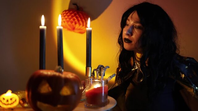 Halloween evening filled with candlelight mystery and dark folklore as a young witch enjoys a magical seasonal celebration surrounded by eerie autumn decorations