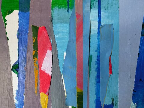 Gray and Mauve Abstract Painting with Green Torn Paper Strips