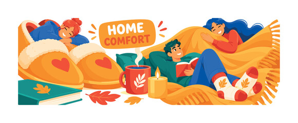 Fototapeta premium Autumn Slippers Home Comfort — banner scene with three expressive people relaxing around one oversized pair of slippers and one giant cozy blanket, with mug, candle, wool socks, and book reaching