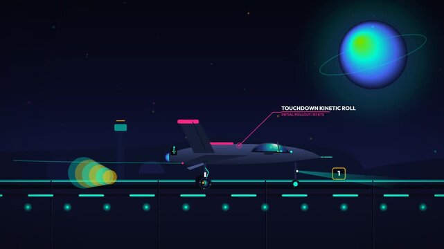 Animation showing a jet fighter aircraft landing on a runway and deploying a drag chute to slow down, displaying aerodynamic braking process and wheel brake preservation with telemetry data overlays
