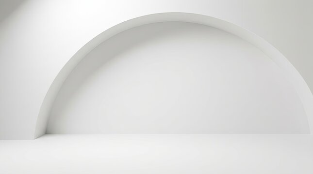 A minimalist, modern interior with a wooden floor and a round, neutral-colored pedestal in the center.