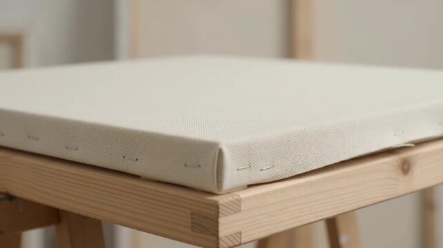 Hand Checking the Corner of a Blank Stretched Canvas Stapled to a Wooden Frame